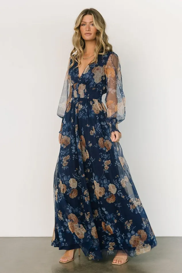 Women Tulle Styles Baltic Born Layla Tulle Maxi Dress Blue Golden Floral