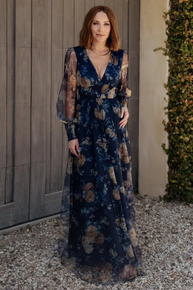 Women Tulle Styles Baltic Born Layla Tulle Maxi Dress Blue Golden Floral