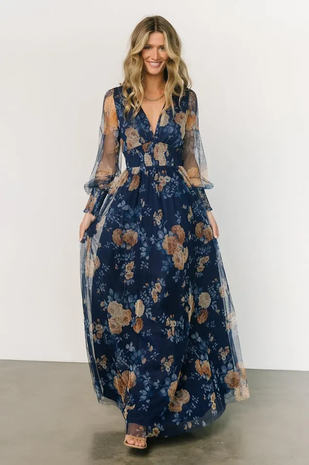 Women Tulle Styles Baltic Born Layla Tulle Maxi Dress Blue Golden Floral