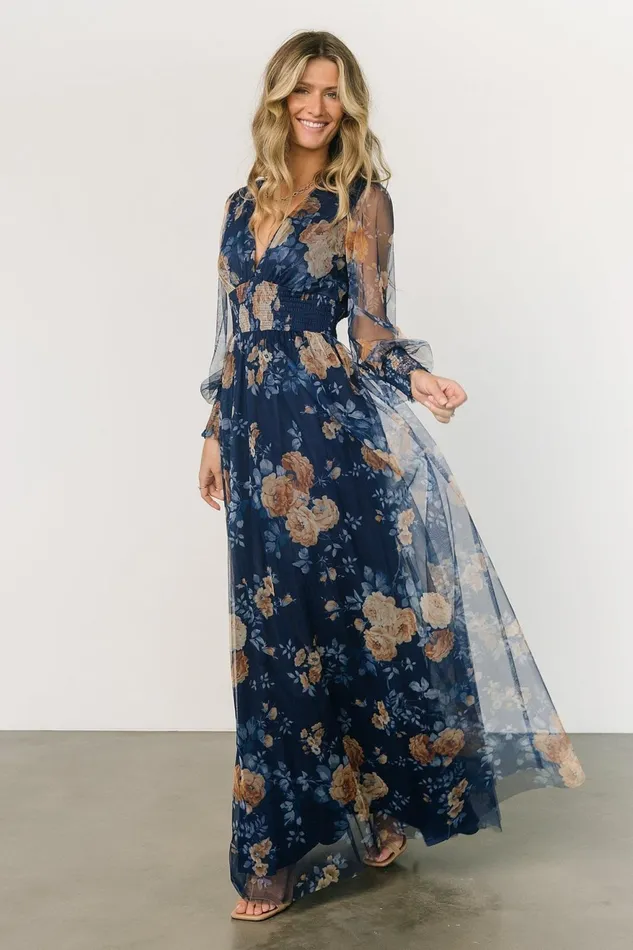 Women Tulle Styles Baltic Born Layla Tulle Maxi Dress Blue Golden Floral