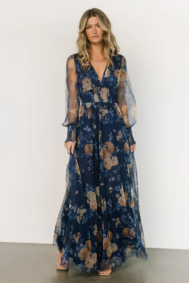 Women Tulle Styles Baltic Born Layla Tulle Maxi Dress Blue Golden Floral