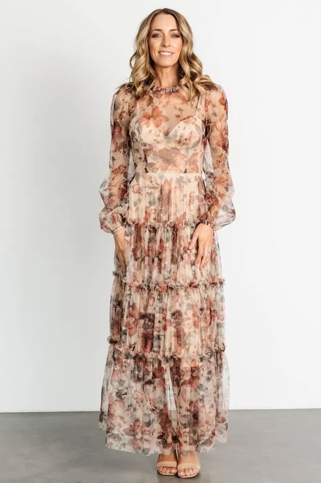 Women Tulle Styles Baltic Born Stephanie Tiered Maxi Dress Taupe Floral