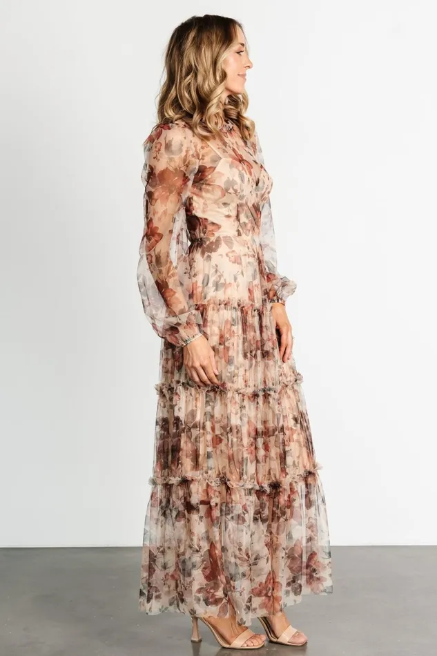 Women Tulle Styles Baltic Born Stephanie Tiered Maxi Dress Taupe Floral