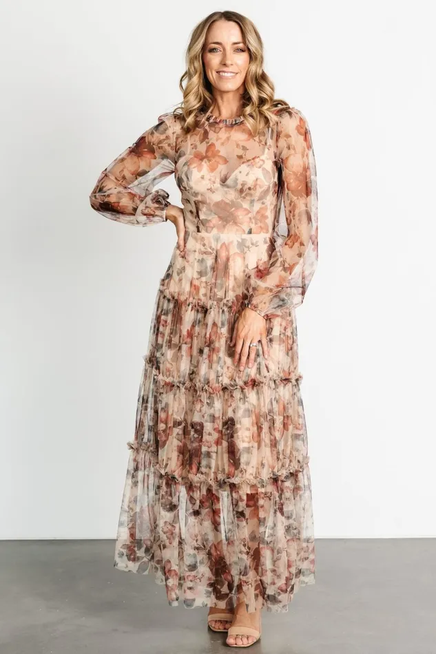Women Tulle Styles Baltic Born Stephanie Tiered Maxi Dress Taupe Floral