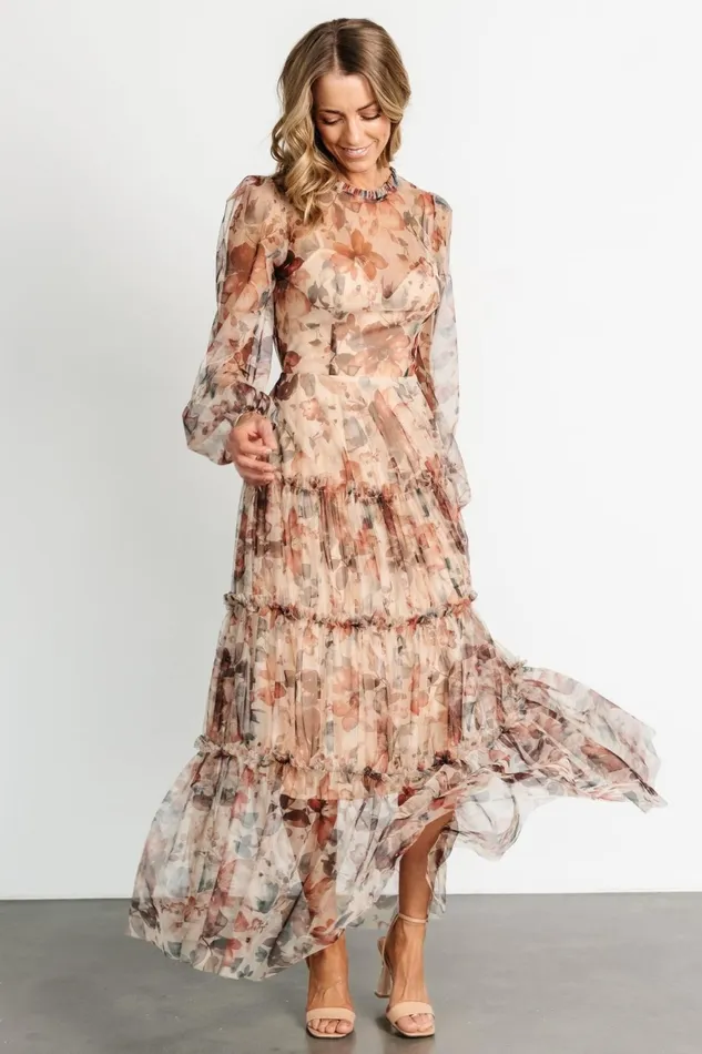 Women Tulle Styles Baltic Born Stephanie Tiered Maxi Dress Taupe Floral