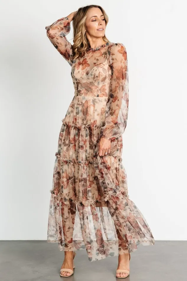 Women Tulle Styles Baltic Born Stephanie Tiered Maxi Dress Taupe Floral