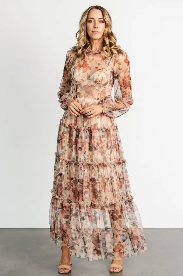 Women Tulle Styles Baltic Born Stephanie Tiered Maxi Dress Taupe Floral