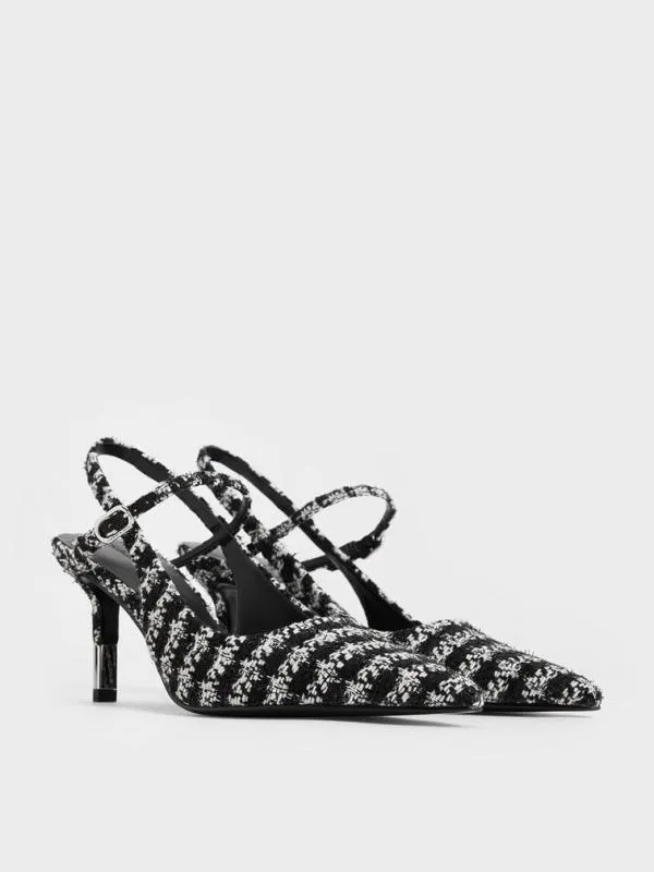 Women Tweed TwoTone Heel Slingback Pumps 8211 Black Textured CHARLES and KEITH Heels
