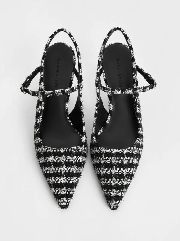 Women Tweed TwoTone Heel Slingback Pumps 8211 Black Textured CHARLES and KEITH Heels
