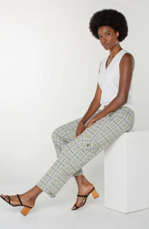 Women Utility Pants Liverpool Los Angeles Utility Cargo Crop With Tab Hem Taupe Multi Glen Plaid