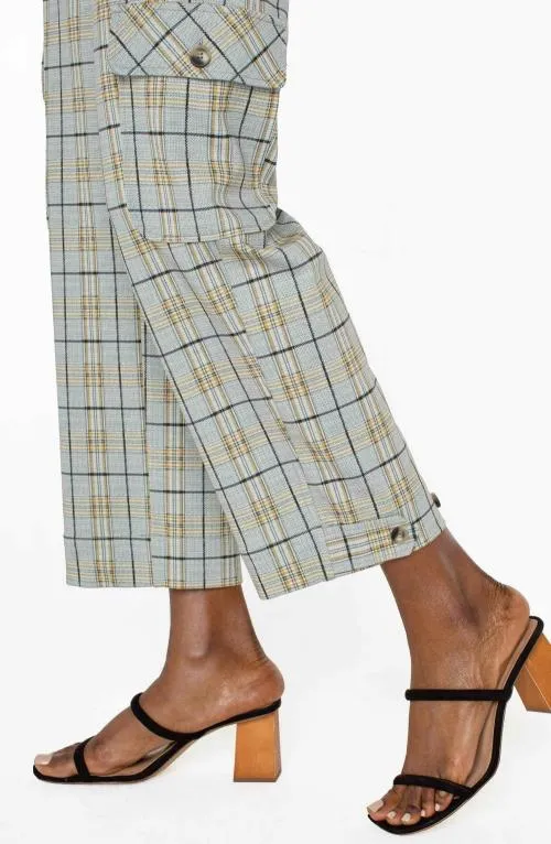 Women Utility Pants Liverpool Los Angeles Utility Cargo Crop With Tab Hem Taupe Multi Glen Plaid