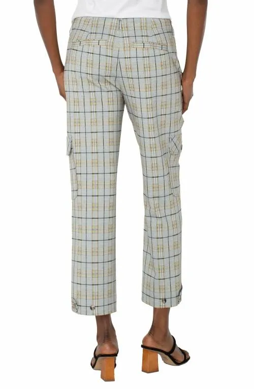 Women Utility Pants Liverpool Los Angeles Utility Cargo Crop With Tab Hem Taupe Multi Glen Plaid
