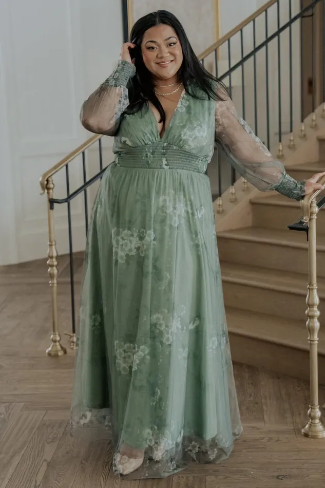 Women Wedding Guest Baltic Born Layla Tulle Maxi Dress Dusty Green Floral