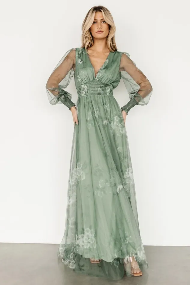 Women Wedding Guest Baltic Born Layla Tulle Maxi Dress Dusty Green Floral