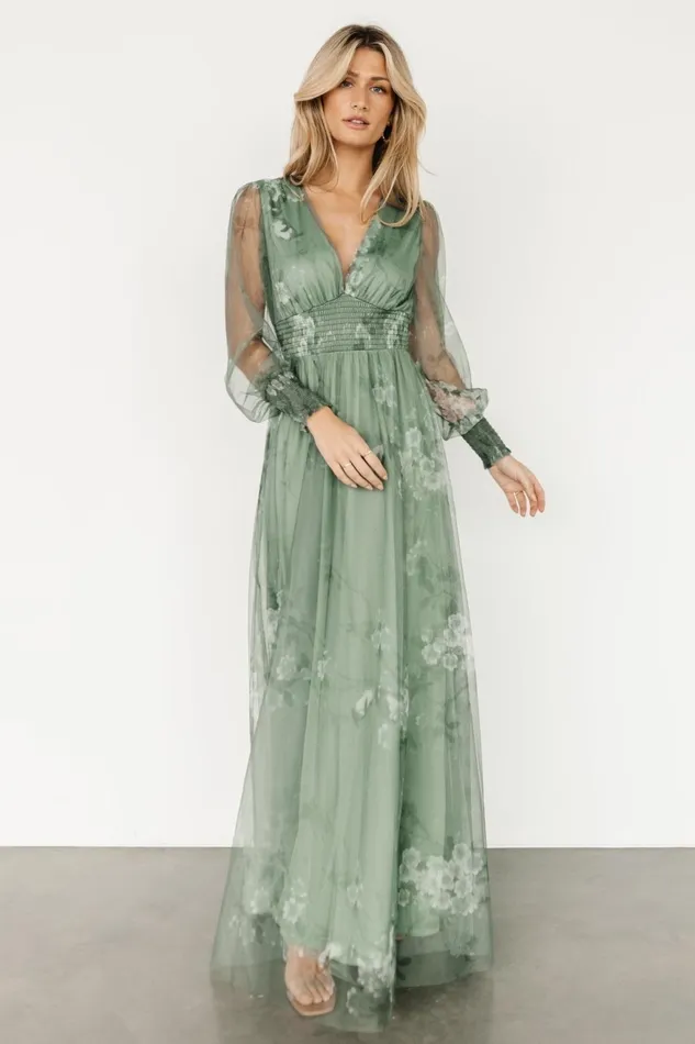 Women Wedding Guest Baltic Born Layla Tulle Maxi Dress Dusty Green Floral
