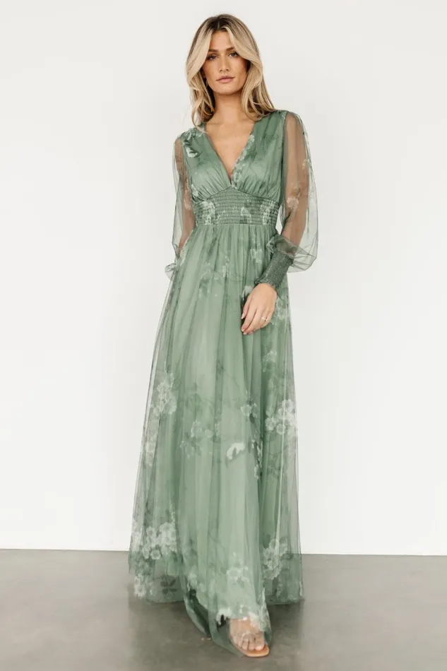 Women Wedding Guest Baltic Born Layla Tulle Maxi Dress Dusty Green Floral