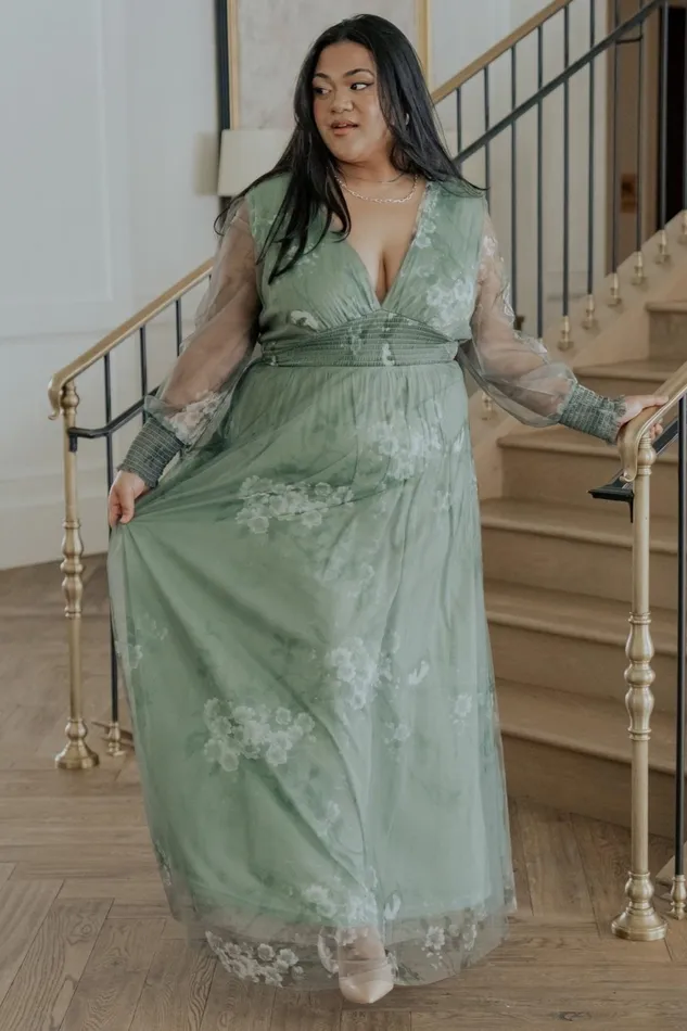 Women Wedding Guest Baltic Born Layla Tulle Maxi Dress Dusty Green Floral