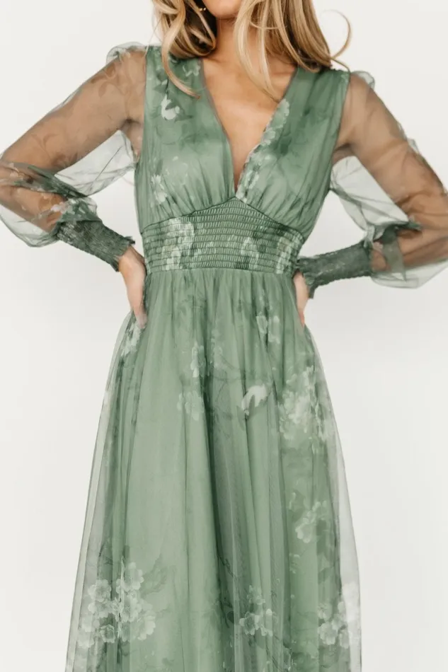 Women Wedding Guest Baltic Born Layla Tulle Maxi Dress Dusty Green Floral