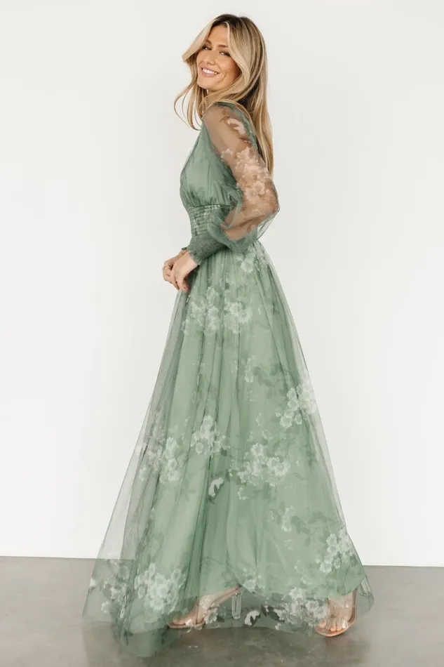 Women Wedding Guest Baltic Born Layla Tulle Maxi Dress Dusty Green Floral