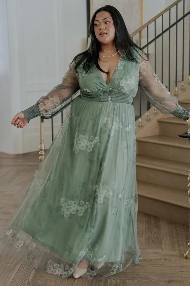 Women Wedding Guest Baltic Born Layla Tulle Maxi Dress Dusty Green Floral