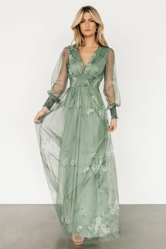 Women Wedding Guest Baltic Born Layla Tulle Maxi Dress Dusty Green Floral