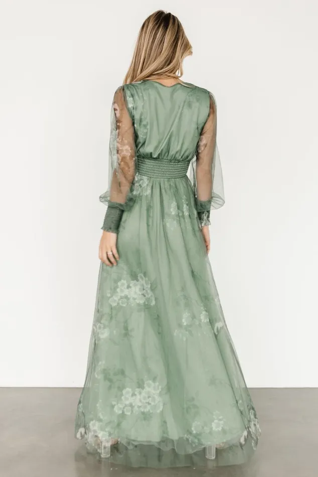Women Wedding Guest Baltic Born Layla Tulle Maxi Dress Dusty Green Floral