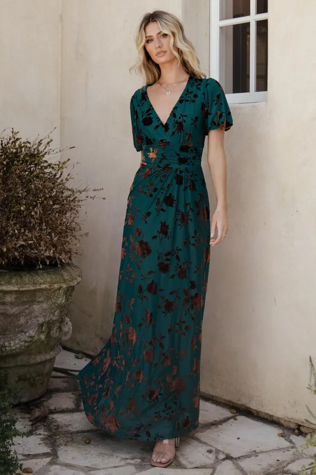 Women Wedding Guest Baltic Born Leslie Velvet Maxi Dress Bronze Jade