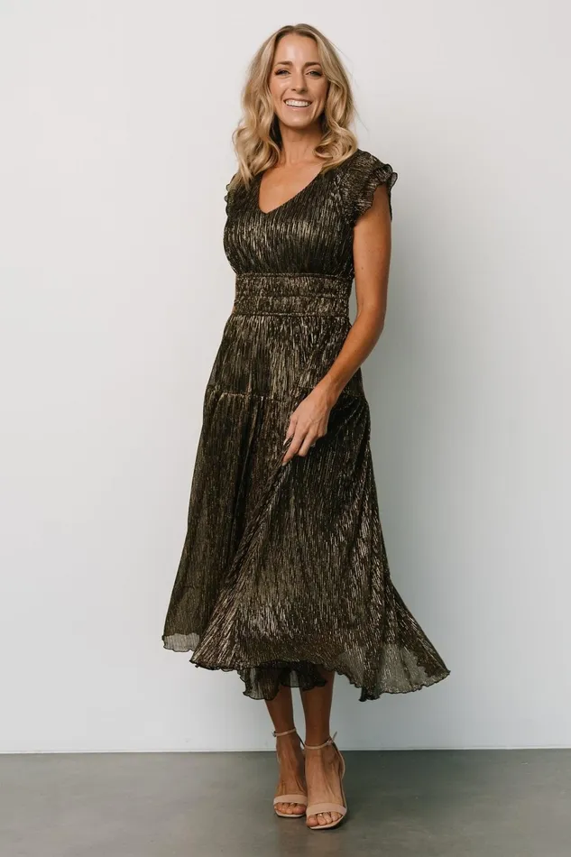 Women Wedding Guest Baltic Born Miley Pleated Shimmer Dress Gold