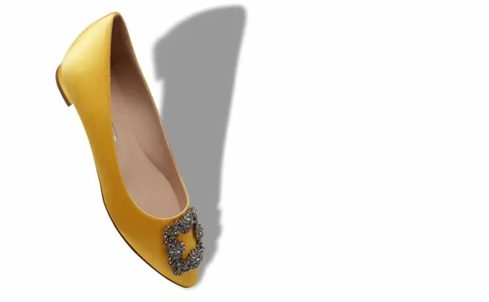 Women Yellow Satin Jewel Buckle Flat Pumps Manolo Blahnik Flats