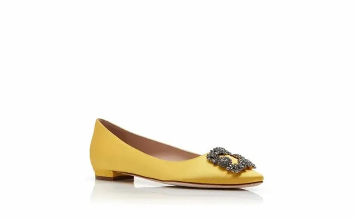 Women Yellow Satin Jewel Buckle Flat Pumps Manolo Blahnik Flats