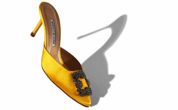 Women Yellow Satin Jewel Buckle Mules Manolo Blahnik Mules
