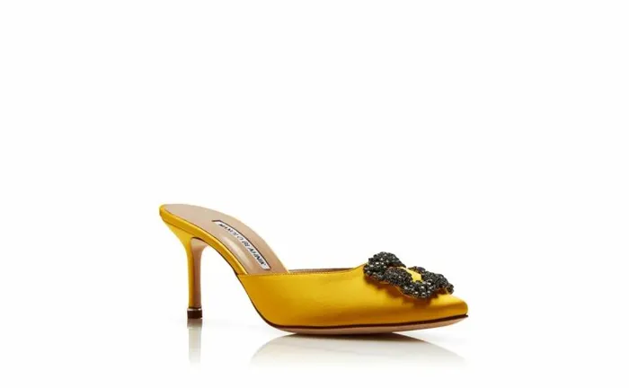 Women Yellow Satin Jewel Buckle Mules Manolo Blahnik Mules