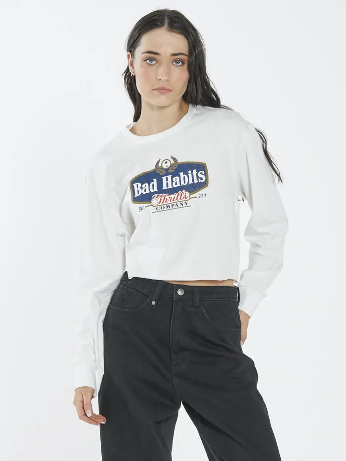 Womens Bad Habits LS Merch Super Crop Tee Dirty White Thrills Tops and Tees