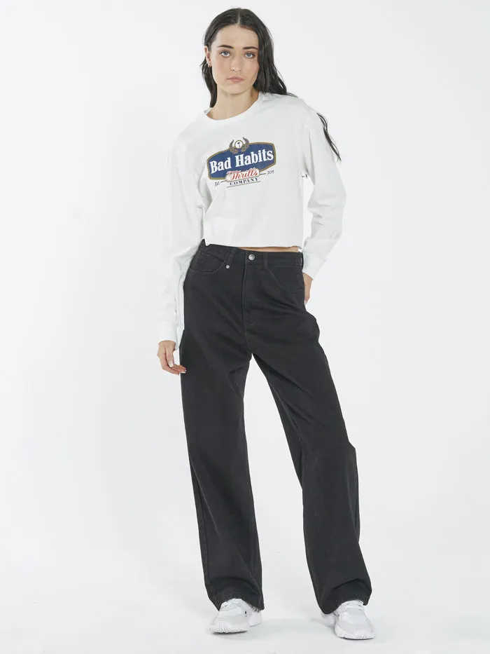 Womens Bad Habits LS Merch Super Crop Tee Dirty White Thrills Tops and Tees