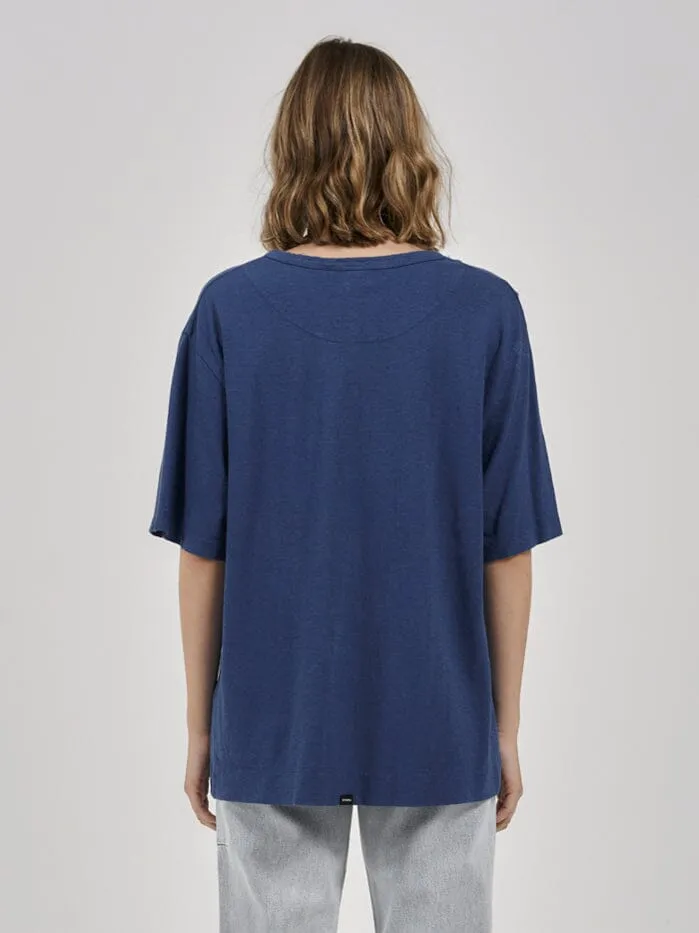 Womens Hemp Lightweight Box Fit Tee Botanical Blue Thrills Tops and Tees