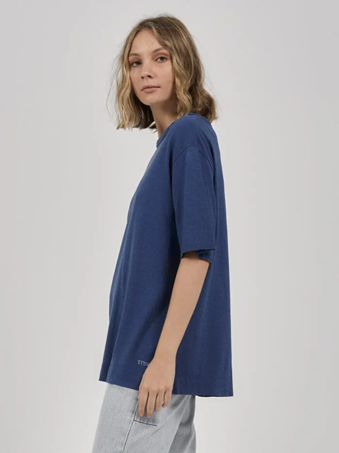 Womens Hemp Lightweight Box Fit Tee Botanical Blue Thrills Tops and Tees
