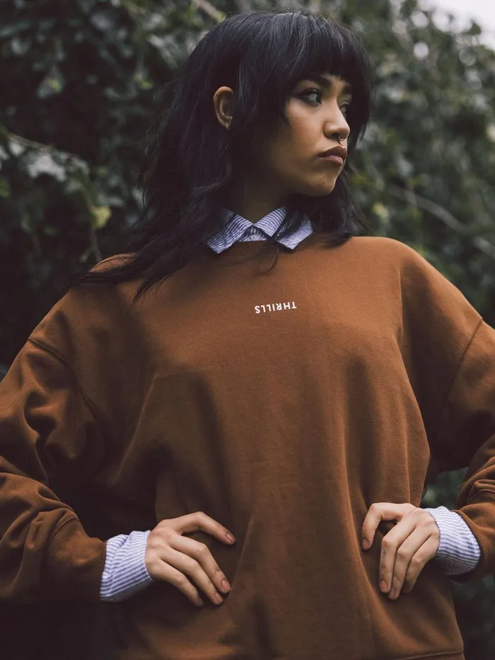 Womens Minimal Slouch Crew Chestnut Thrills Sweaters and Fleece