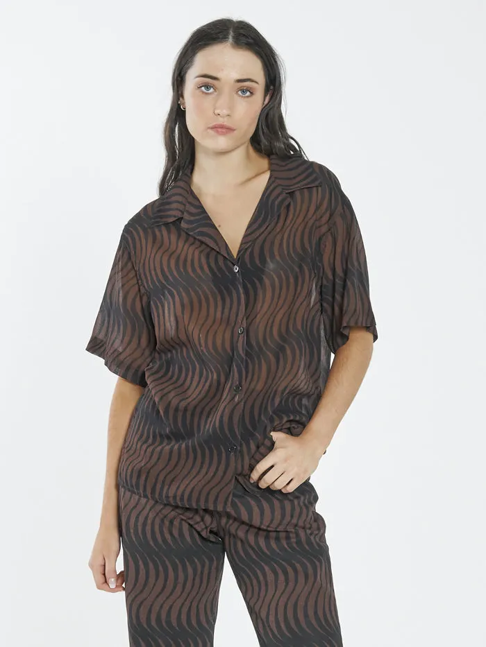 Womens Paradise On Repeat Bowling Shirt Washed Cocoa Thrills Tops and Tees