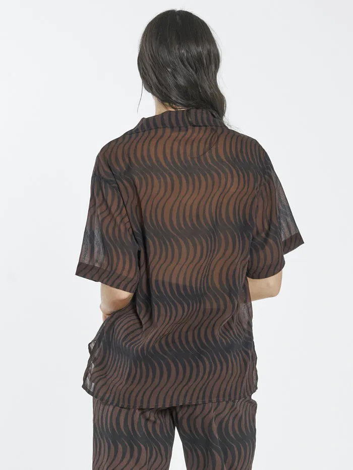 Womens Paradise On Repeat Bowling Shirt Washed Cocoa Thrills Tops and Tees