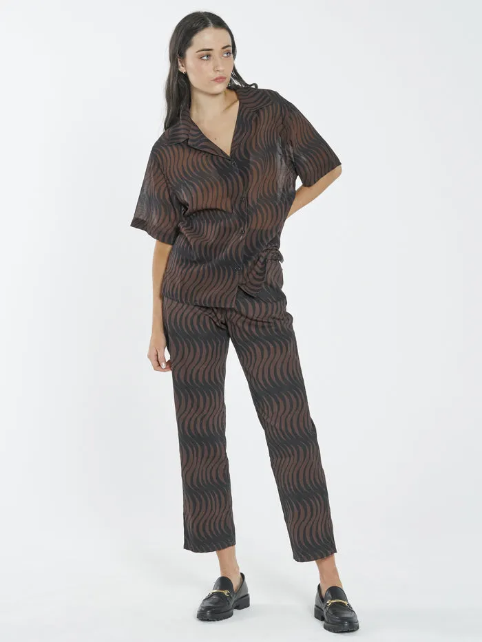 Womens Paradise On Repeat Bowling Shirt Washed Cocoa Thrills Tops and Tees