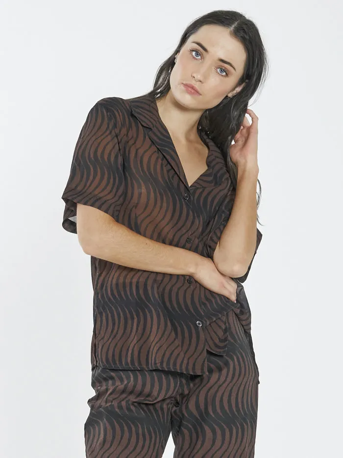 Womens Paradise On Repeat Bowling Shirt Washed Cocoa Thrills Tops and Tees
