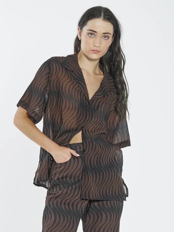 Womens Paradise On Repeat Bowling Shirt Washed Cocoa Thrills Tops and Tees