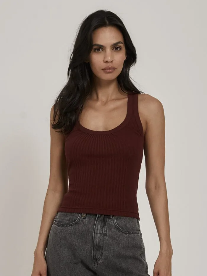 Womens Ribbed Plunge Tank Ruby Wine Thrills Tops and Tees