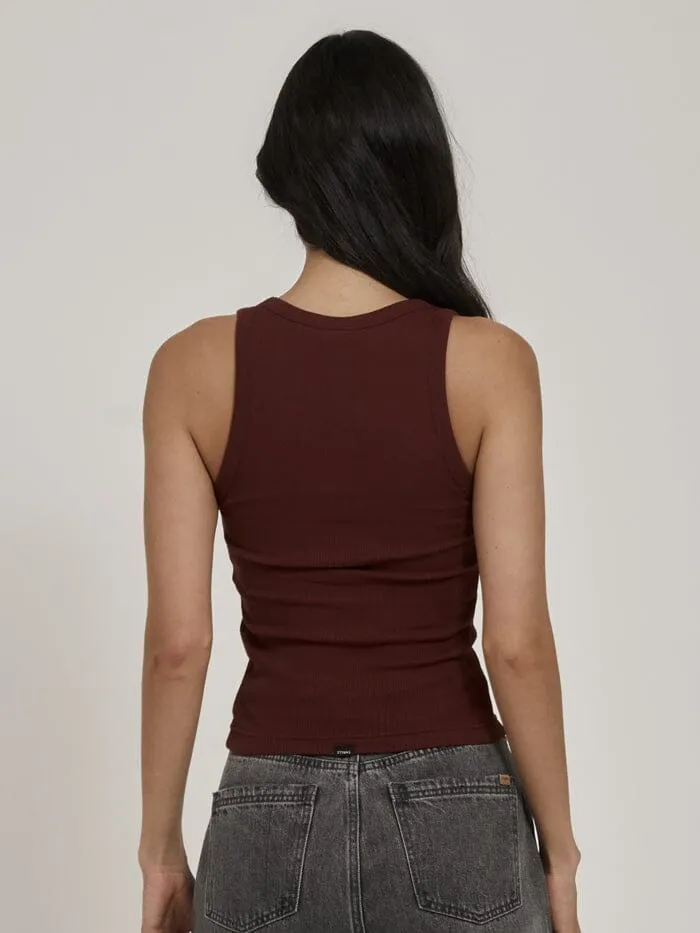 Womens Ribbed Plunge Tank Ruby Wine Thrills Tops and Tees