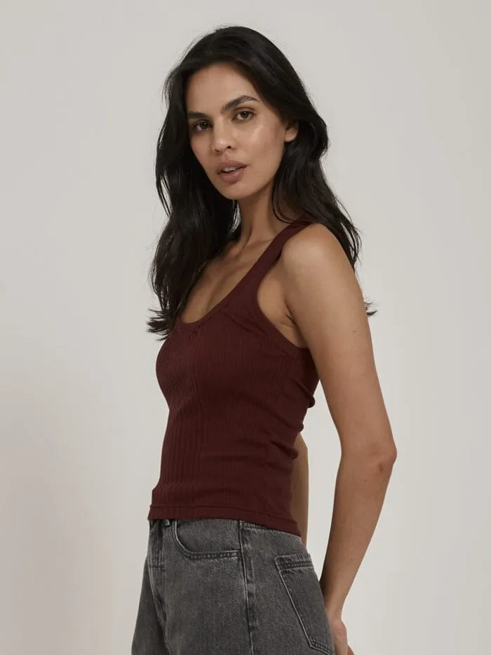 Womens Ribbed Plunge Tank Ruby Wine Thrills Tops and Tees