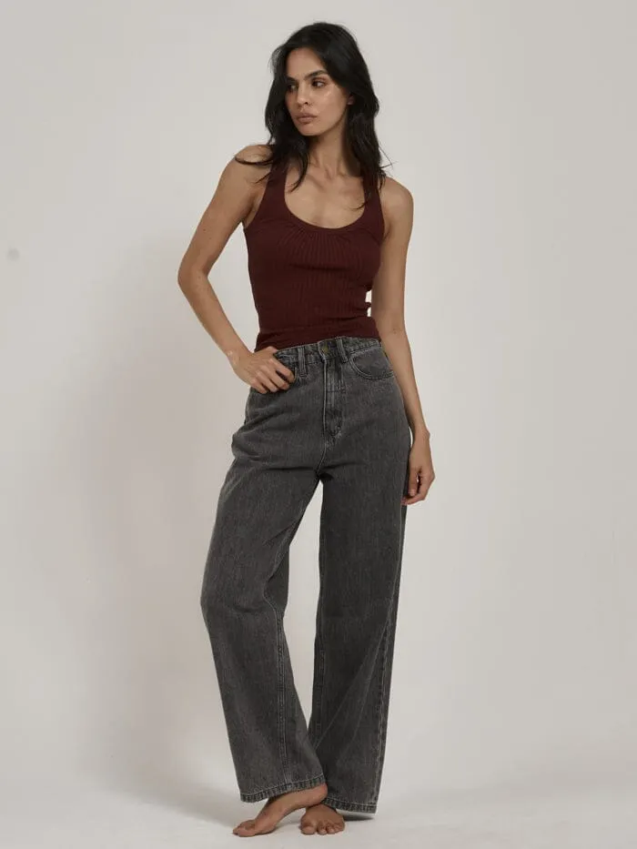 Womens Ribbed Plunge Tank Ruby Wine Thrills Tops and Tees