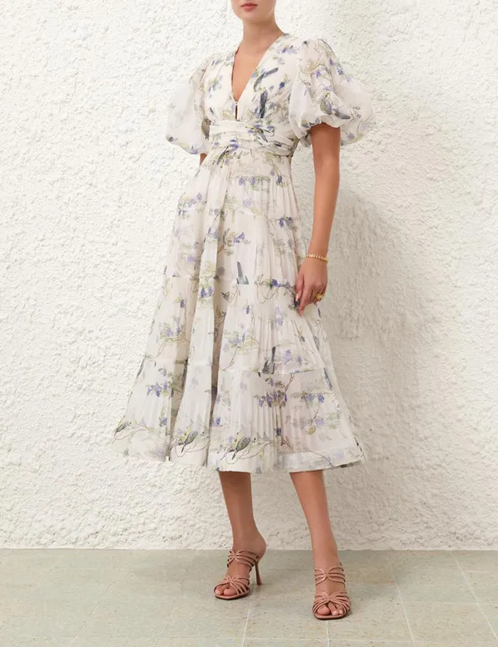 Zimmermann Clothing Pleated Midi Dress Blue Birds 8211 Women