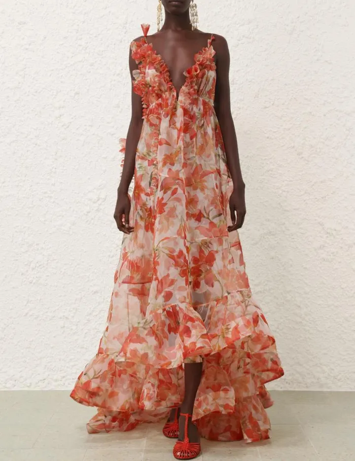 Zimmermann Clothing Tranquillity Floral Strap Gown Red Lily 8211 Women
