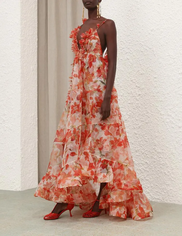Zimmermann Clothing Tranquillity Floral Strap Gown Red Lily 8211 Women