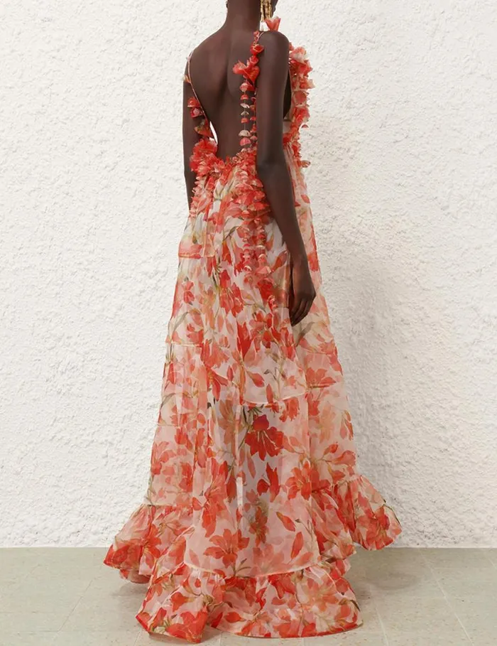 Zimmermann Clothing Tranquillity Floral Strap Gown Red Lily 8211 Women
